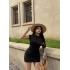 Siyah Kayık Yaka Büzgülü Elbise