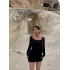 Siyah Yaka Düğmeli Kaşkorse Elbise