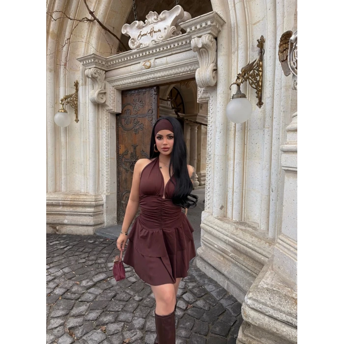 Kahve Boyundan Geçmeli Drapeli Elbise