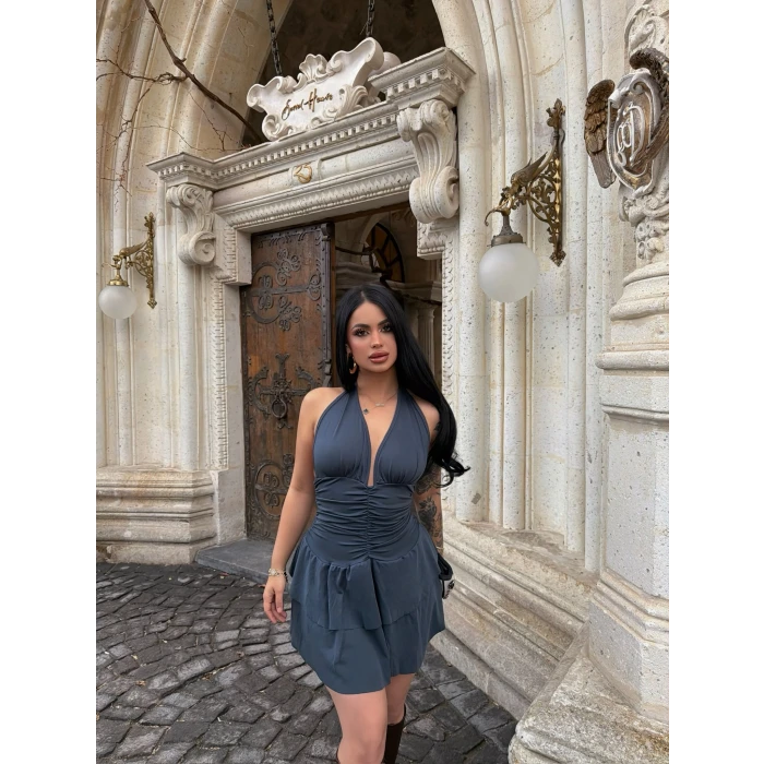 Füme Boyundan Geçmeli Drapeli Elbise