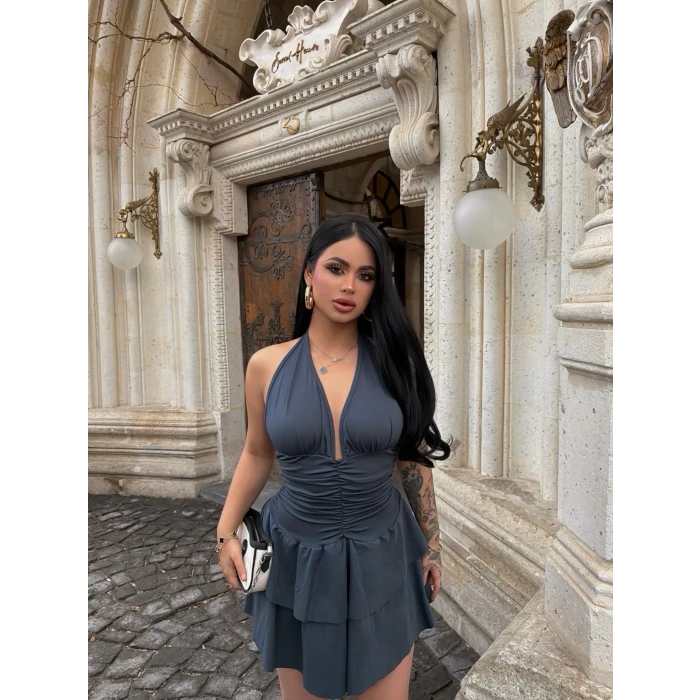 Füme Boyundan Geçmeli Drapeli Elbise