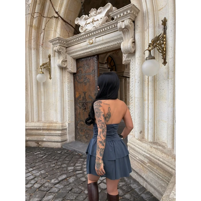 Füme Boyundan Geçmeli Drapeli Elbise