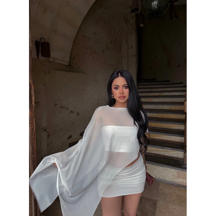 Beyaz Şifon Üçlü Takım