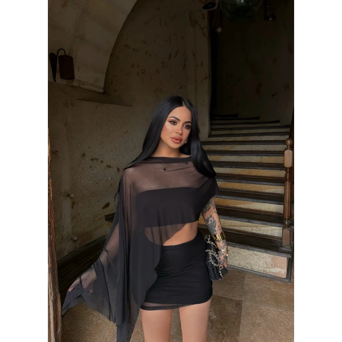 Siyah Şifon Üçlü Takım