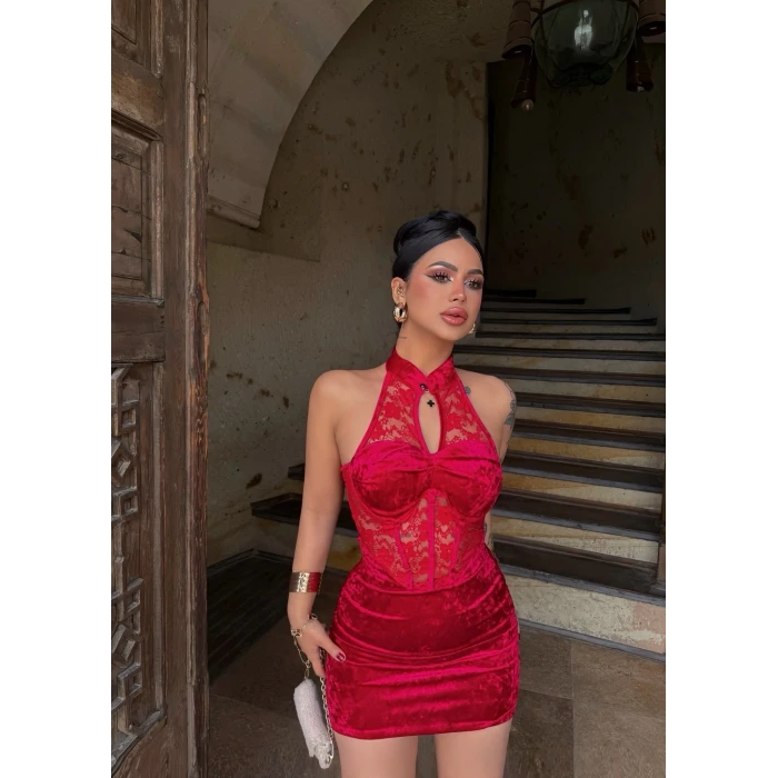 Kırmızı Güpürlü Japon Yaka Elbise