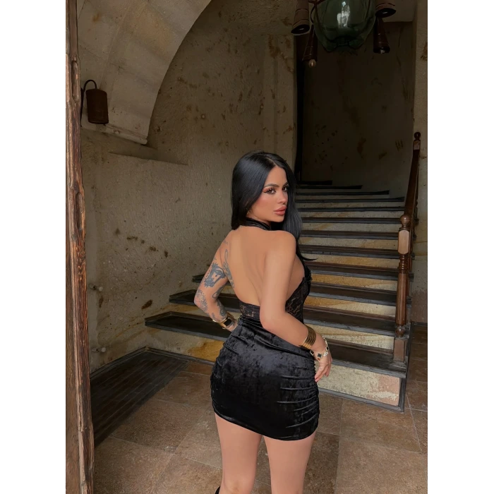 Siyah Güpürlü Japon Yaka Elbise