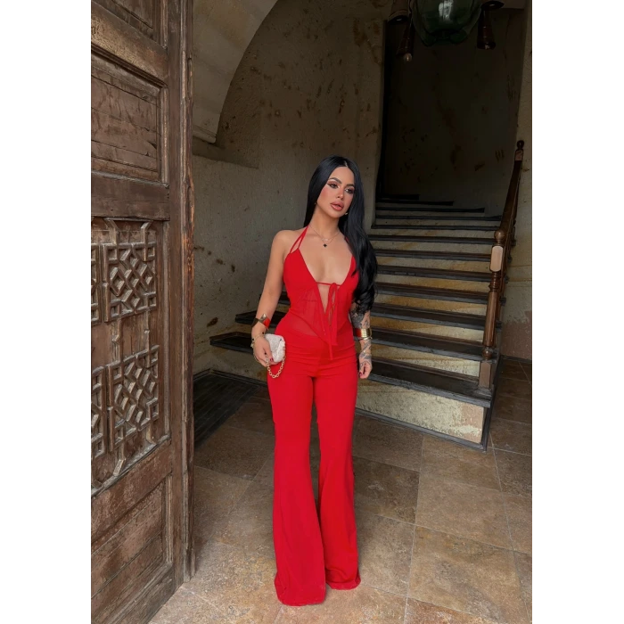 Kırmızı Boyundan Geçmeli Bağlamalı Tulum