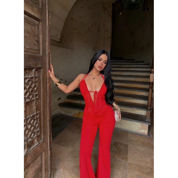 Kırmızı Boyundan Geçmeli Bağlamalı Tulum