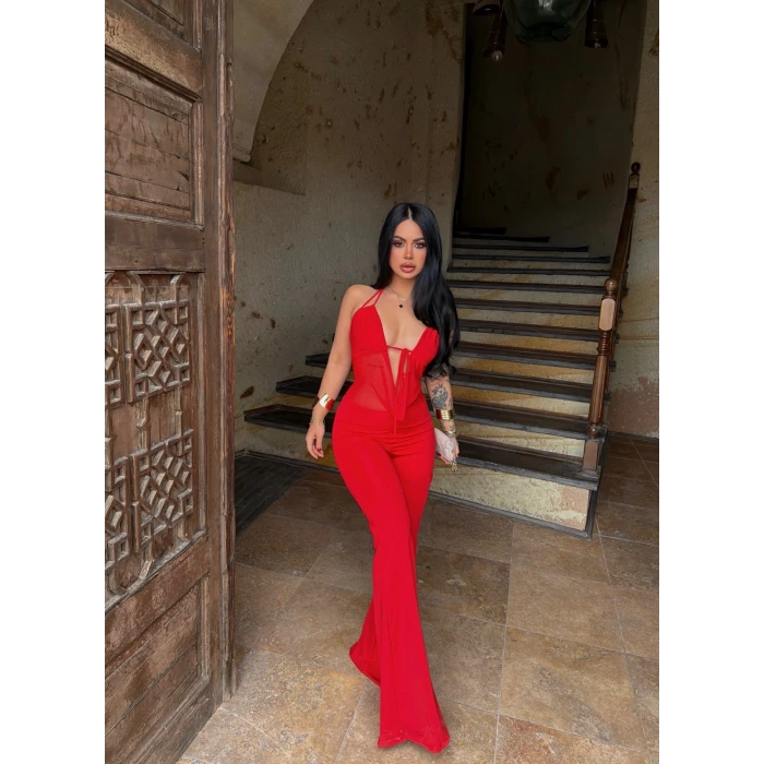 Kırmızı Boyundan Geçmeli Bağlamalı Tulum