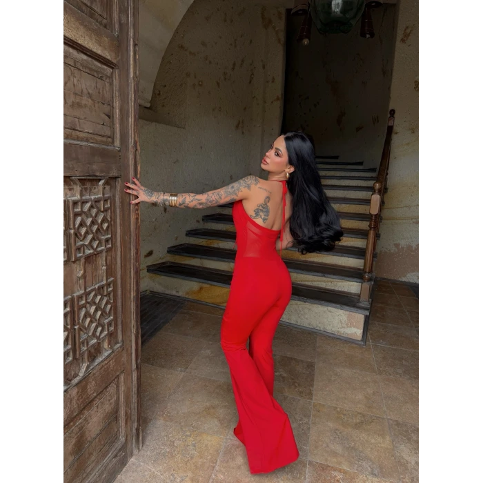 Kırmızı Boyundan Geçmeli Bağlamalı Tulum