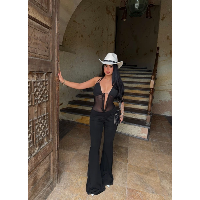 Siyah Boyundan Geçmeli Bağlamalı Tulum