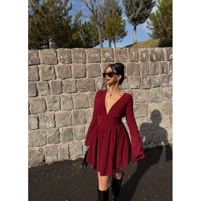 Bordo Şortlu Ön Arka V Elbise