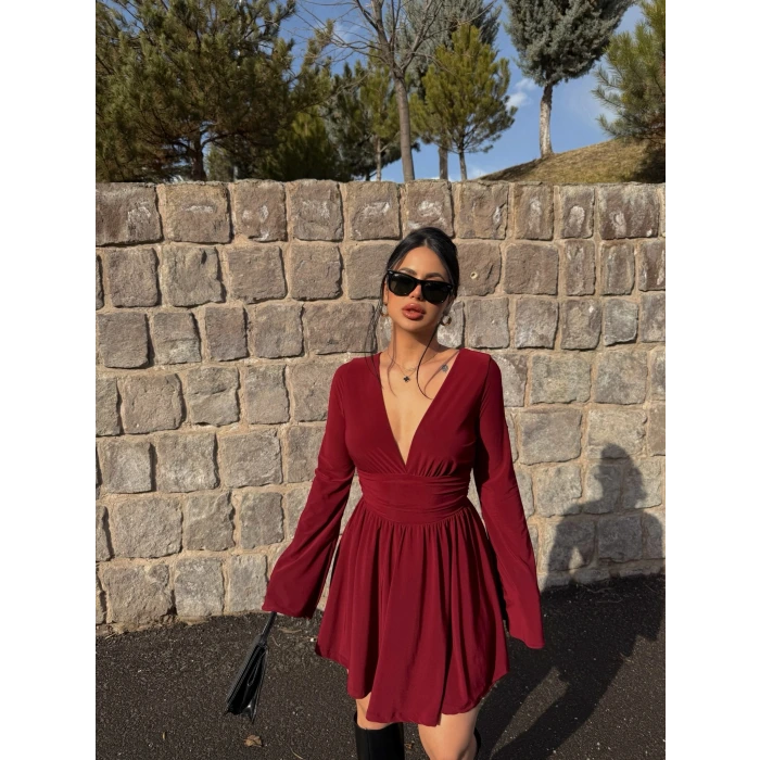 Bordo Şortlu Ön Arka V Elbise
