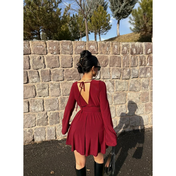 Bordo Şortlu Ön Arka V Elbise