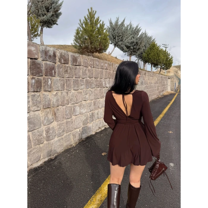 Kahve Şortlu Ön Arka V Elbise