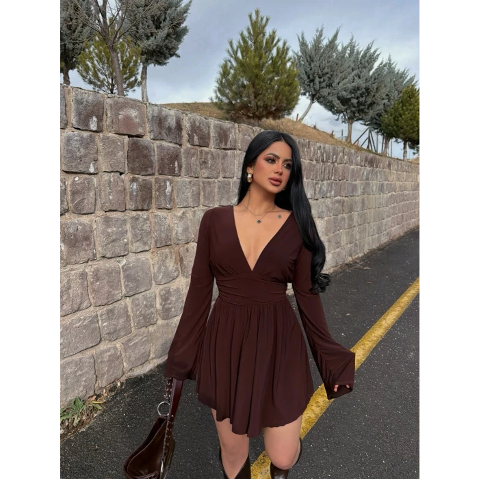 Kahve Şortlu Ön Arka V Elbise