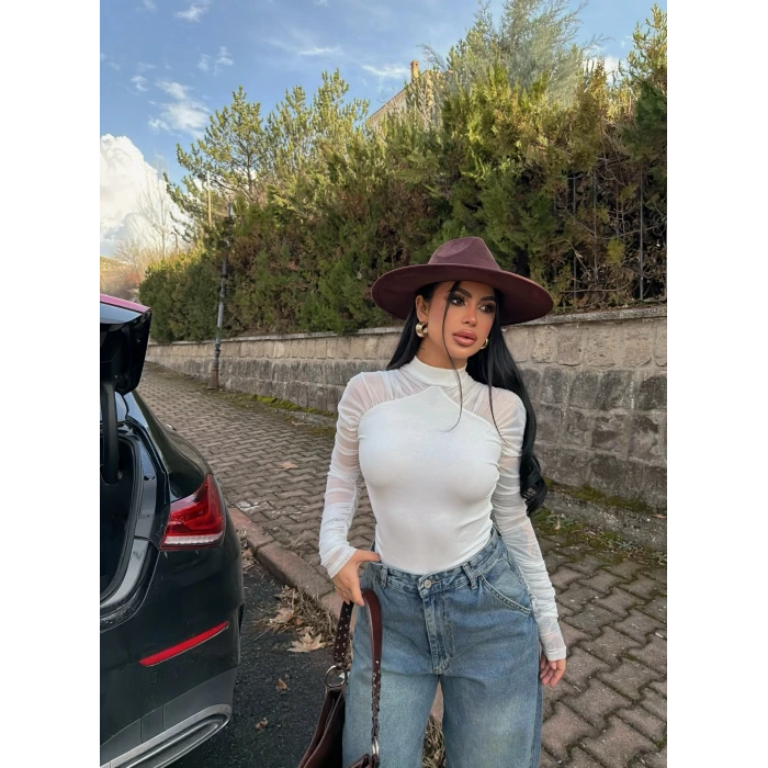 Beyaz Kolları Tül Ribana Bluz