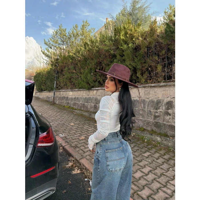 Beyaz Kolları Tül Ribana Bluz