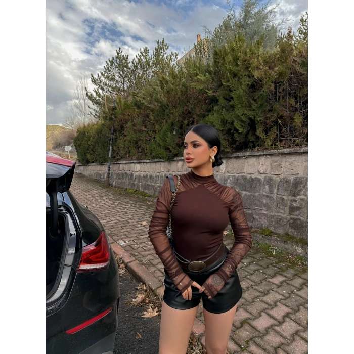 Kahve Kolları Tül Ribana Bluz