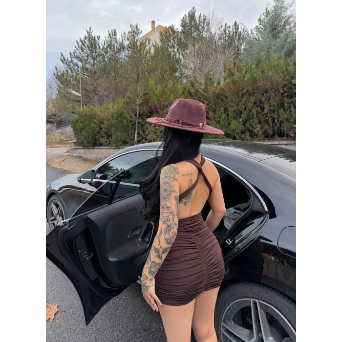 Kahve Tokalı Sırt Çapraz Büzgülü Elbise