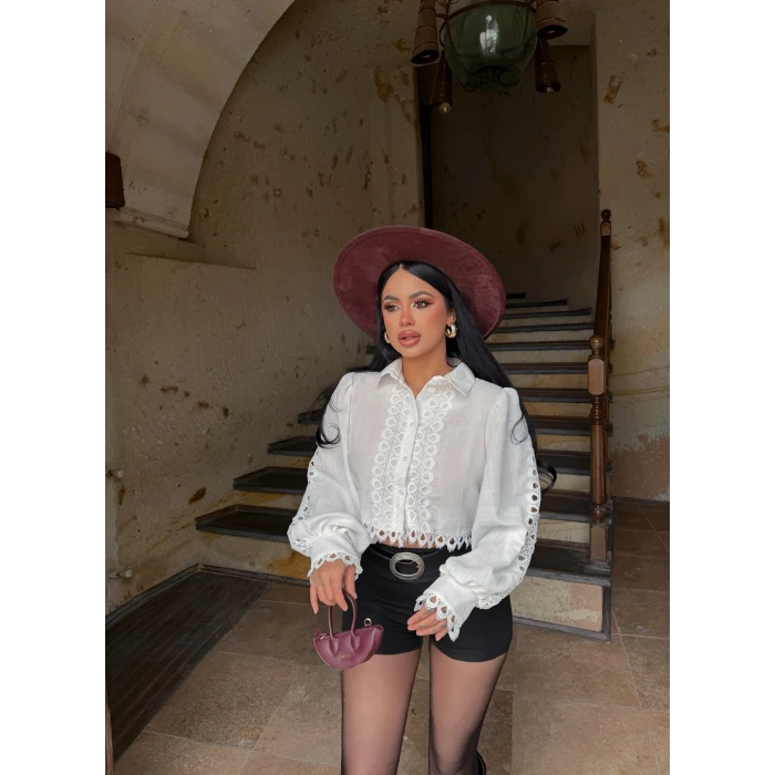 Dantelli Crop Keten Gömlek