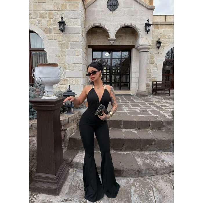 Siyah Aksesuar Askılı Tulum