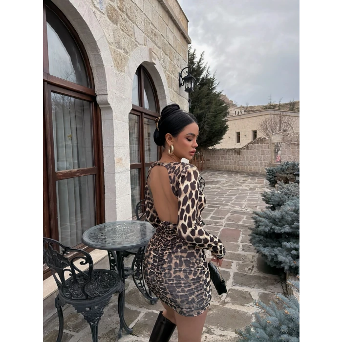 Leopar Omuz Vatkalı Sırt Dekolte Elbise