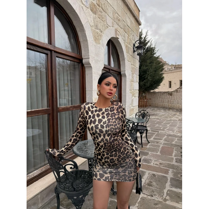 Leopar Omuz Vatkalı Sırt Dekolte Elbise