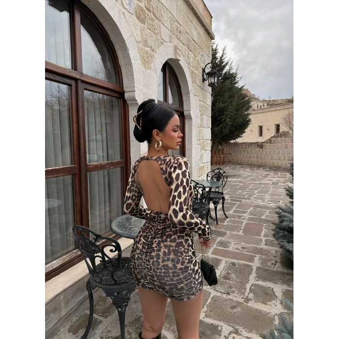 Leopar Omuz Vatkalı Sırt Dekolte Elbise