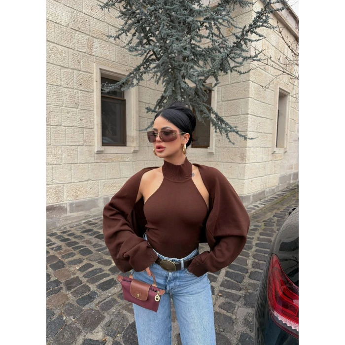 Kahve Bolerolu Triko İkili Takım