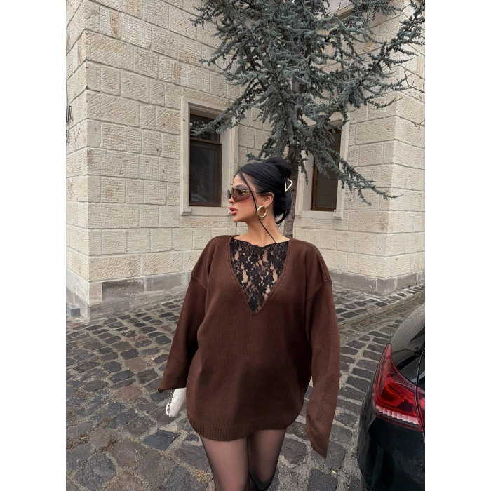 Kahve Güpürlü Kazak (Güpür ön-arka kullanılabilir)