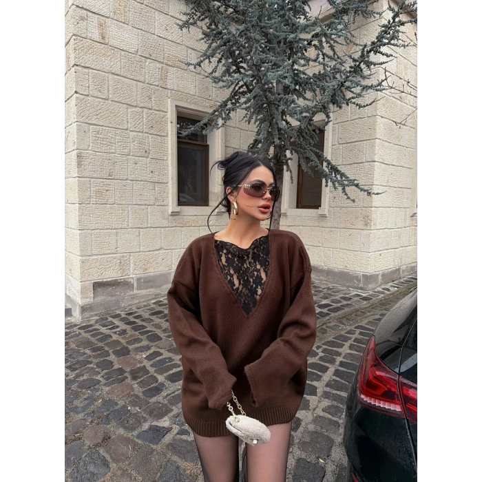 Kahve Güpürlü Kazak (Güpür ön-arka kullanılabilir)