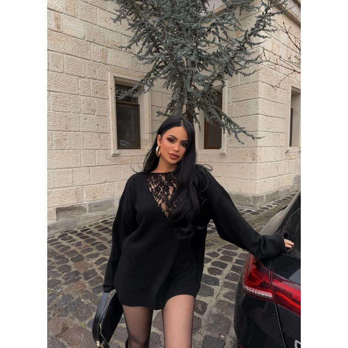 Siyah Güpürlü Kazak (Güpür ön-arka kullanılabilir)