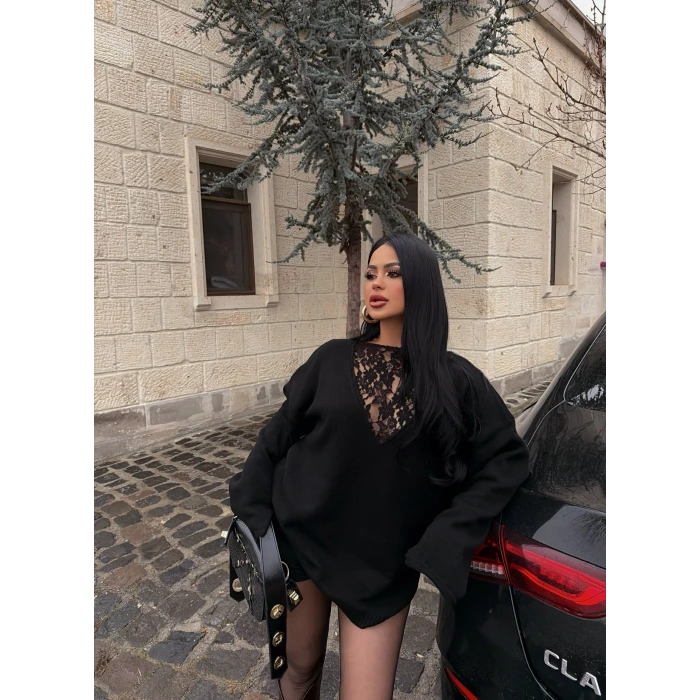 Siyah Güpürlü Kazak (Güpür ön-arka kullanılabilir)