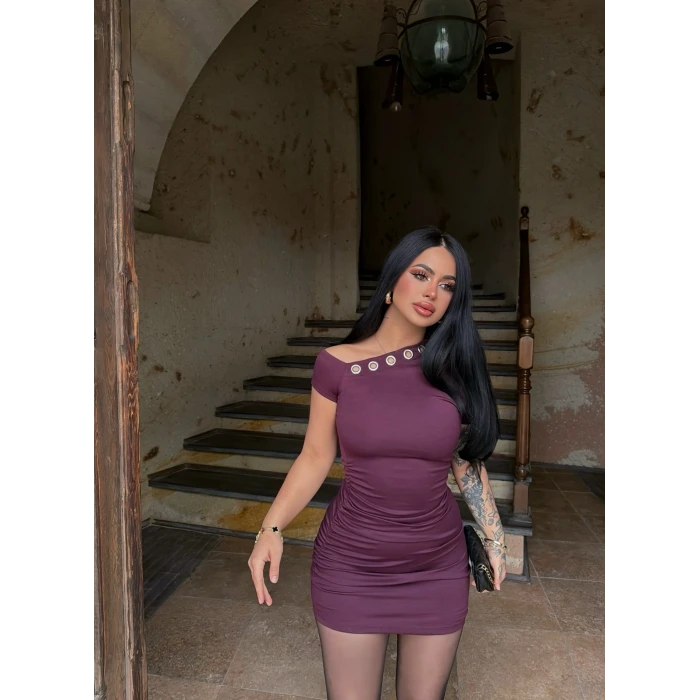 Mürdüm Kuşgözü Asimetrik Yaka Elbise