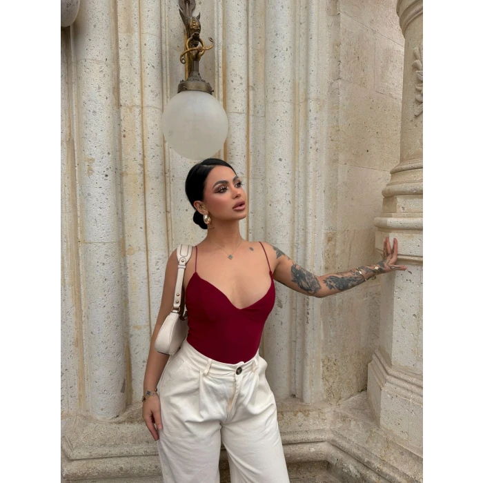 Bordo İp Askılı Basic Bodysuit