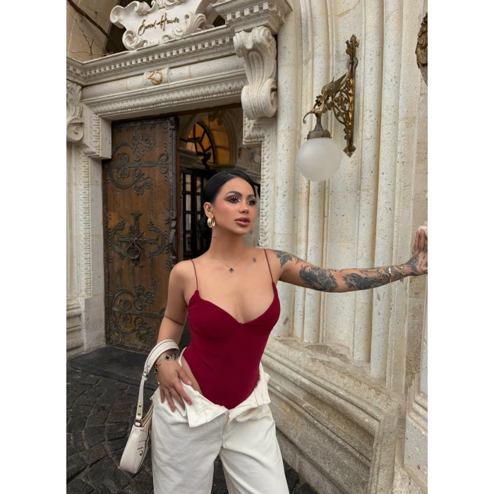 Bordo İp Askılı Basic Bodysuit