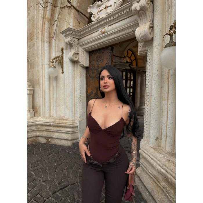 Kahve İp Askılı Basic Bodysuit