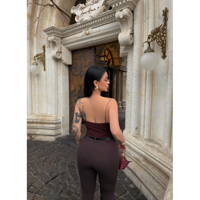 Kahve İp Askılı Basic Bodysuit