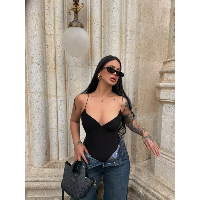 Siyah İp Askılı Basic Bodysuit