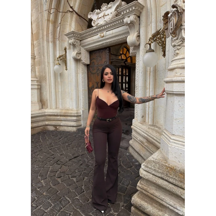 Kahve İnce Kemerli İspanyol Pantolon