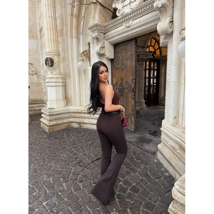 Kahve İnce Kemerli İspanyol Pantolon