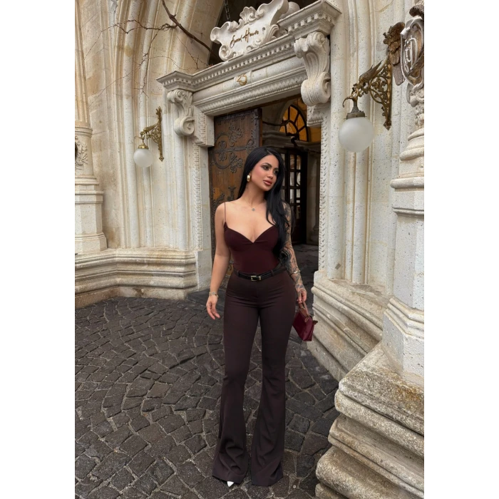 Kahve İnce Kemerli İspanyol Pantolon