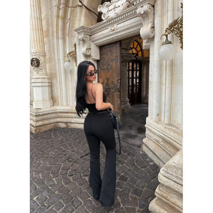 Siyah İnce Kemerli İspanyol Pantolon