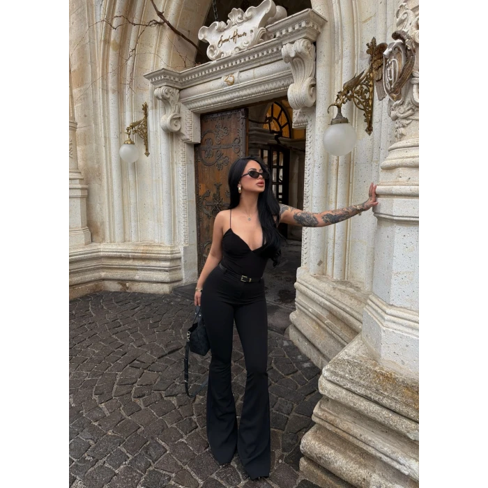 Siyah İnce Kemerli İspanyol Pantolon