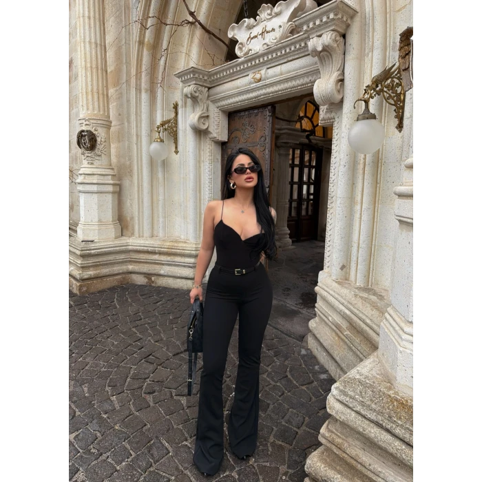 Siyah İnce Kemerli İspanyol Pantolon