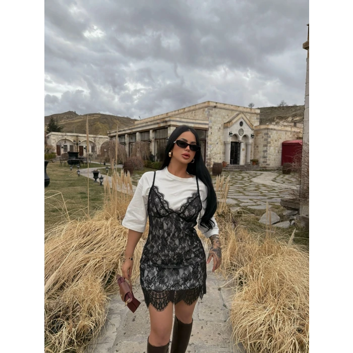 Askılı Güpürlü Elbise Tişört Dahil