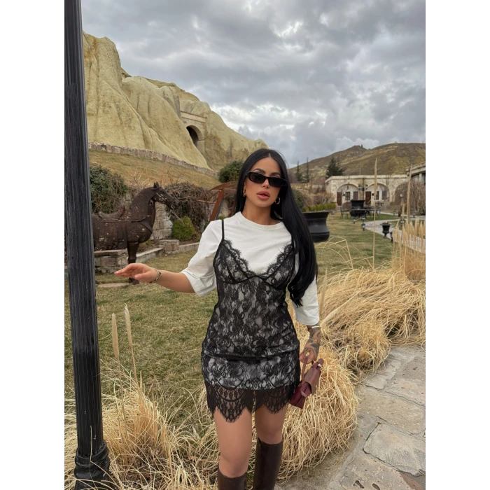 Askılı Güpürlü Elbise Tişört Dahil