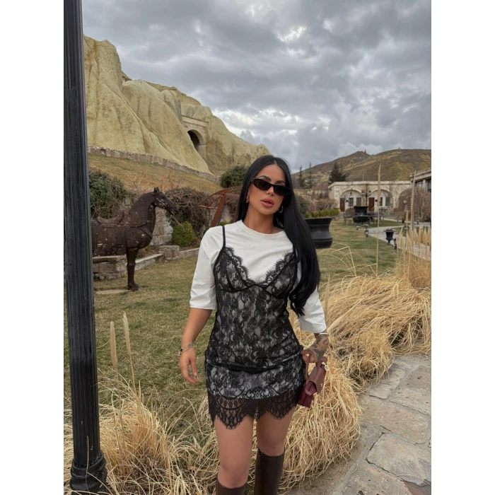 Askılı Güpürlü Elbise Tişört Dahil