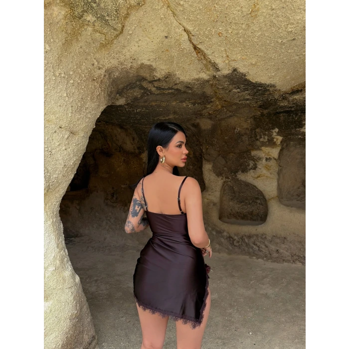 Kahve Güpürlü Saten Elbise